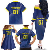 Custom Curacao Football Family Matching Off The Shoulder Long Sleeve Dress and Hawaiian Shirt La Familia Azul Go Champion