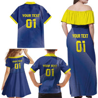 Custom Curacao Football Family Matching Off Shoulder Maxi Dress and Hawaiian Shirt La Familia Azul Go Champion