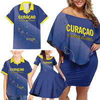 Custom Curacao Football Family Matching Off Shoulder Short Dress and Hawaiian Shirt La Familia Azul Go Champion