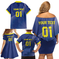 Custom Curacao Football Family Matching Off Shoulder Short Dress and Hawaiian Shirt La Familia Azul Go Champion