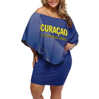 Custom Curacao Football Family Matching Off Shoulder Short Dress and Hawaiian Shirt La Familia Azul Go Champion