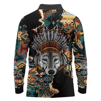 Native American Navajo Wolf Long Sleeve Polo Shirt Grunge Pattern