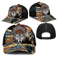 Native American Navajo Wolf Mesh Trucker Cap Grunge Pattern