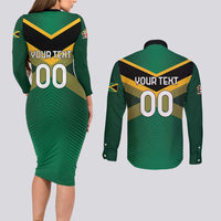 Custom Rugby Jamaica Couples Matching Long Sleeve Bodycon Dress and Long Sleeve Button Shirt Reggae Warriors Go Champions