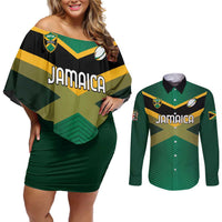 Custom Rugby Jamaica Couples Matching Off Shoulder Short Dress and Long Sleeve Button Shirt Reggae Warriors Go Champions