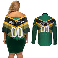 Custom Rugby Jamaica Couples Matching Off Shoulder Short Dress and Long Sleeve Button Shirt Reggae Warriors Go Champions