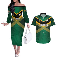 Custom Rugby Jamaica Couples Matching Off The Shoulder Long Sleeve Dress and Hawaiian Shirt Reggae Warriors Go Champions