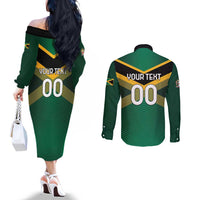 Custom Rugby Jamaica Couples Matching Off The Shoulder Long Sleeve Dress and Long Sleeve Button Shirt Reggae Warriors Go Champions