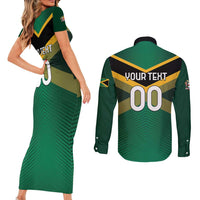 Custom Rugby Jamaica Couples Matching Short Sleeve Bodycon Dress and Long Sleeve Button Shirt Reggae Warriors Go Champions