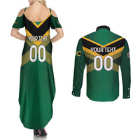 Custom Rugby Jamaica Couples Matching Summer Maxi Dress and Long Sleeve Button Shirt Reggae Warriors Go Champions