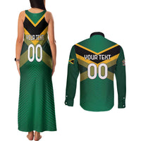 Custom Rugby Jamaica Couples Matching Tank Maxi Dress and Long Sleeve Button Shirt Reggae Warriors Go Champions