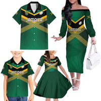 Custom Rugby Jamaica Family Matching Off The Shoulder Long Sleeve Dress and Hawaiian Shirt Reggae Warriors Go Champions