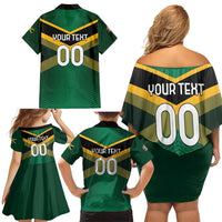 Custom Rugby Jamaica Family Matching Off Shoulder Short Dress and Hawaiian Shirt Reggae Warriors Go Champions