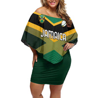 Custom Rugby Jamaica Family Matching Off Shoulder Short Dress and Hawaiian Shirt Reggae Warriors Go Champions