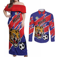 Custom Football Belize Jaguars Couples Matching Off Shoulder Maxi Dress and Long Sleeve Button Shirt Team Unbelizeables Jaguars