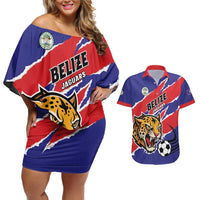 Custom Football Belize Jaguars Couples Matching Off Shoulder Short Dress and Hawaiian Shirt Team Unbelizeables Jaguars