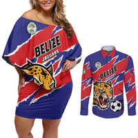 Custom Football Belize Jaguars Couples Matching Off Shoulder Short Dress and Long Sleeve Button Shirt Team Unbelizeables Jaguars