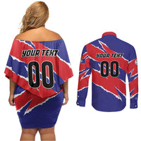Custom Football Belize Jaguars Couples Matching Off Shoulder Short Dress and Long Sleeve Button Shirt Team Unbelizeables Jaguars