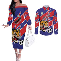 Custom Football Belize Jaguars Couples Matching Off The Shoulder Long Sleeve Dress and Long Sleeve Button Shirt Team Unbelizeables Jaguars
