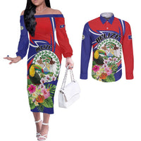 Personalized Belize Toucan Couples Matching Off The Shoulder Long Sleeve Dress and Long Sleeve Button Shirt Sub umbra floreo