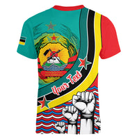 Personalised Mozambique Independence Day Women V Neck T Shirt Mozambiki Emblem Happy 48th Anniversary - Wonder Print Shop