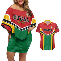 Custom Rugby Guyana Couples Matching Off Shoulder Short Dress and Hawaiian Shirt Guyana Warriors Go Champions - Wonder Print Shop