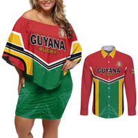 Custom Rugby Guyana Couples Matching Off Shoulder Short Dress and Long Sleeve Button Shirt Guyana Warriors Go Champions - Wonder Print Shop