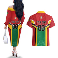 Custom Rugby Guyana Couples Matching Off The Shoulder Long Sleeve Dress and Hawaiian Shirt Guyana Warriors Go Champions - Wonder Print Shop