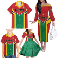 Custom Rugby Guyana Family Matching Off The Shoulder Long Sleeve Dress and Hawaiian Shirt Guyana Warriors Go Champions - Wonder Print Shop