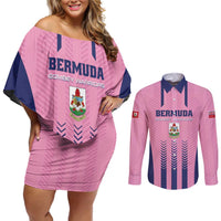 Custom Football Bermuda Couples Matching Off Shoulder Short Dress and Long Sleeve Button Shirt Gombey Warriors Go Champions - Wonder Print Shop