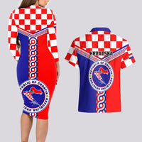 Croatia Couples Matching Long Sleeve Bodycon Dress and Hawaiian Shirt Hrvatska Interlace With Coat Of Arms - Wonder Print Shop