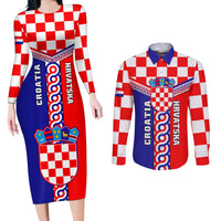 Croatia Couples Matching Long Sleeve Bodycon Dress and Long Sleeve Button Shirts Hrvatska Interlace With Coat Of Arms - Wonder Print Shop