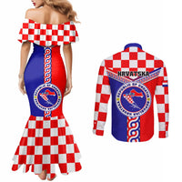 Couples matching red check set: back mermaid dress and long-sleeve button shirt