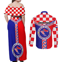 Croatia Couples Matching Off Shoulder Maxi Dress and Long Sleeve Button Shirts Hrvatska Interlace With Coat Of Arms - Wonder Print Shop