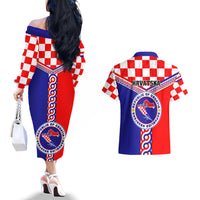 Croatia Couples Matching Off The Shoulder Long Sleeve Dress and Hawaiian Shirt Hrvatska Interlace With Coat Of Arms - Wonder Print Shop