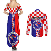 Croatia Couples Matching Summer Maxi Dress and Long Sleeve Button Shirts Hrvatska Interlace With Coat Of Arms - Wonder Print Shop