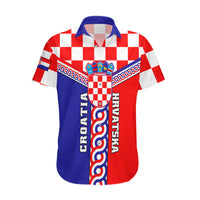 Hawaiian-style shirt with Croatia checker pattern, coat of arms, blue-red panels