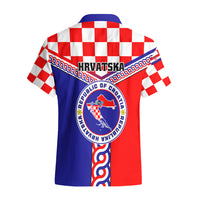 Hawaiian-style shirt back with Croatia checker pattern, coat of arms crest, blue-red