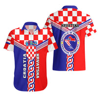 Hawaiian-style shirt set showing front and back, Croatia checker and crest in blue/red