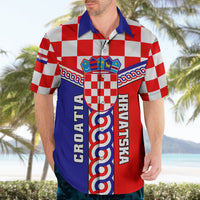 Short-sleeve Hawaiian shirt on model, Croatia checker and crest, blue-red vertical panel