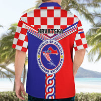 Short-sleeve Hawaiian shirt on model, back 'HRVATSKA' and crest, blue-red panels