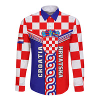 Red, white check and blue long-sleeve button shirt with crest and vertical text