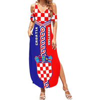 Women’s off-shoulder maxi dress, red and blue Croatia crest and checkerboard print