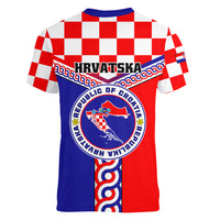 Croatia Women V Neck T Shirt Hrvatska Interlace With Coat Of Arms - Wonder Print Shop
