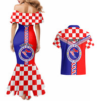 Matching mermaid dress and Hawaiian shirt set with off-shoulder check print and crest