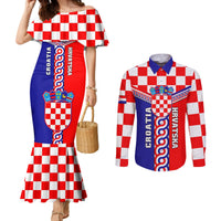 Croatia-inspired check mermaid dress with off-shoulder print, paired with long-sleeve shirt