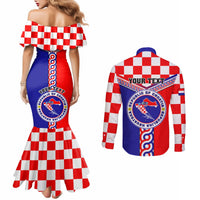 Back view matching check mermaid dress and long-sleeve button shirt with crest graphic