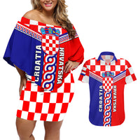 Custom Croatia Couples Matching Off Shoulder Short Dress and Hawaiian Shirt Hrvatska Interlace With Coat Of Arms - Wonder Print Shop