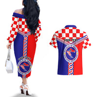 Custom Croatia Couples Matching Off The Shoulder Long Sleeve Dress and Hawaiian Shirt Hrvatska Interlace With Coat Of Arms - Wonder Print Shop