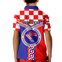 Kids red and white checkered polo shirt with 'YOUR TEXT' and Croatian coat of arms on back